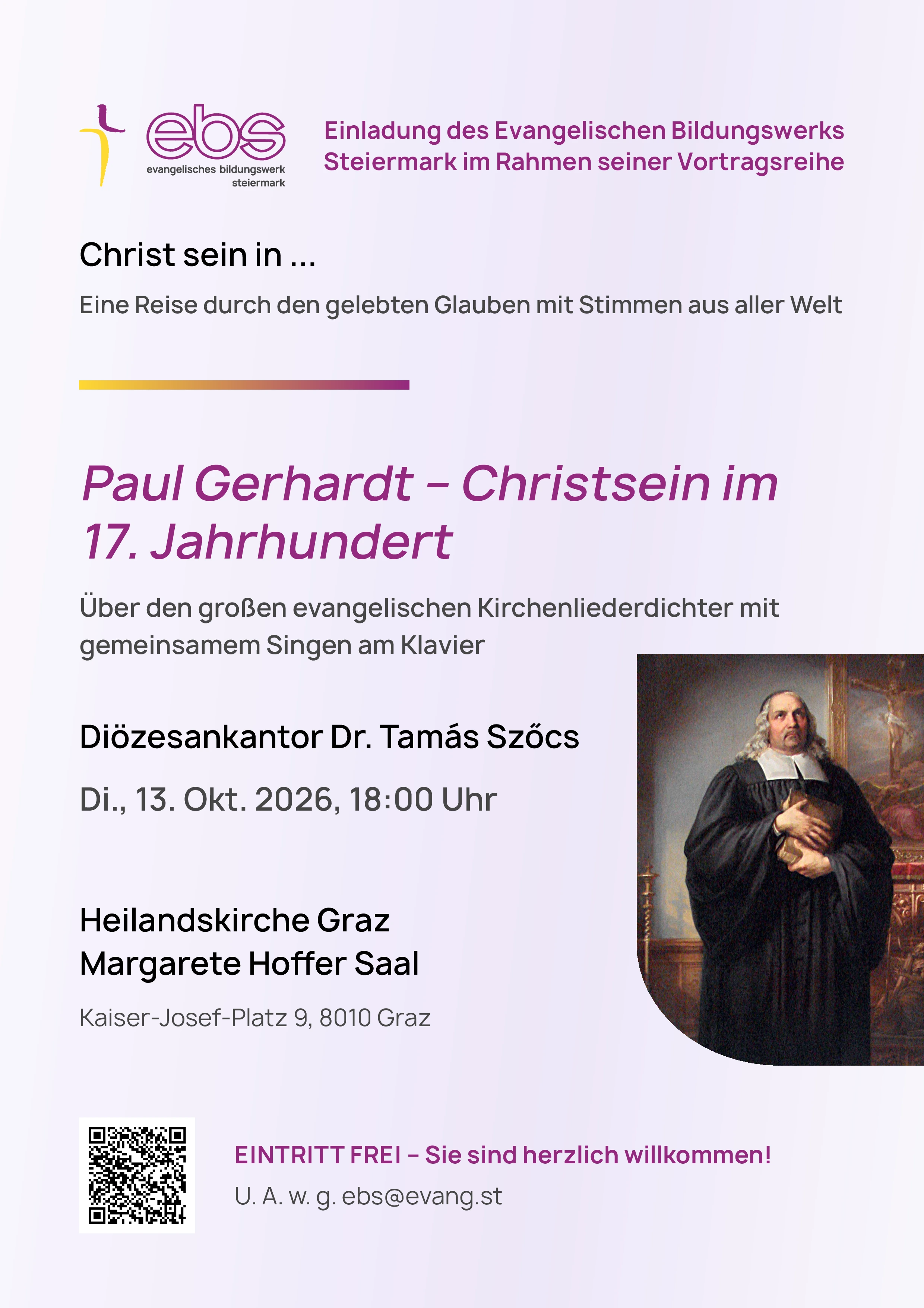 Veranstaltungsplakat: Paul Gerhardt - Christsein im 17. Jahrhundert